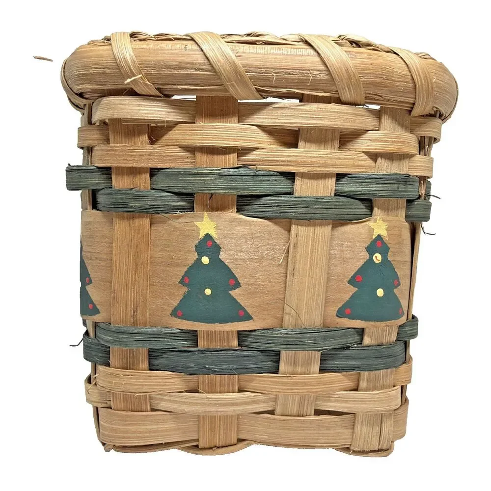 Vintage Hand-Woven Splint Wood Holiday Basket - Hand-Painted Christmas Trees